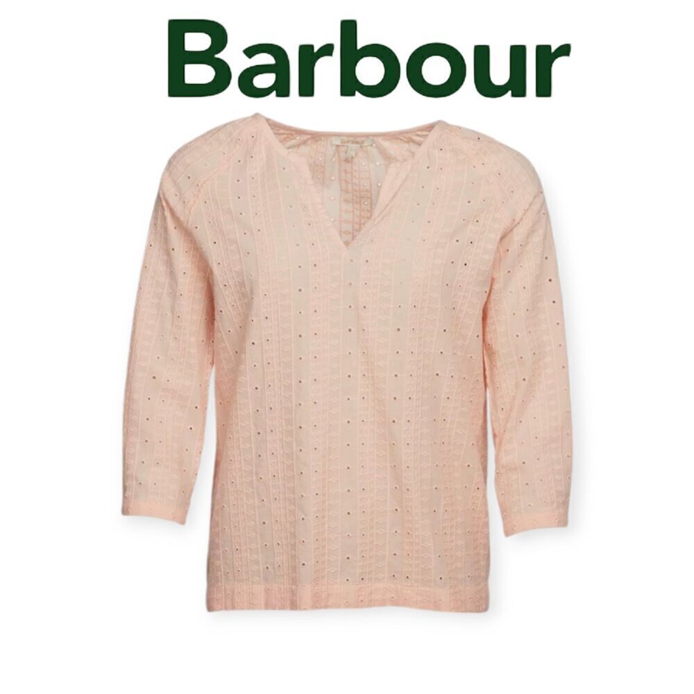 Barbour Pale Coral Eyelet Cotton Overboard Top 3/4 Sleeve Blouse Size 4